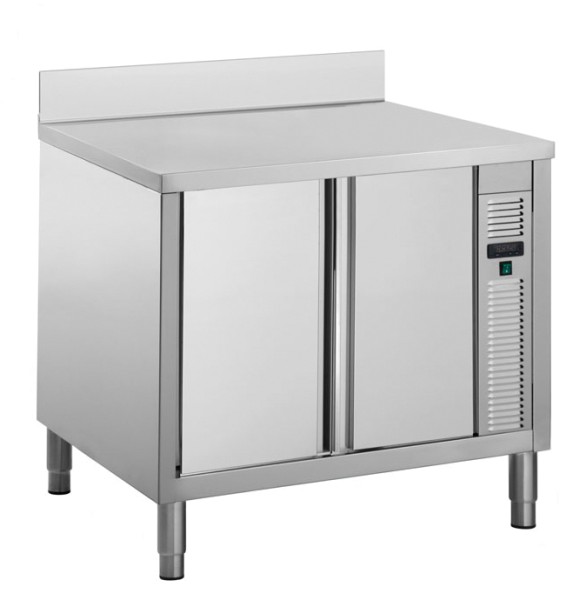 Gastro Wärmeschrank aus Edelstahl mit Schiebetüren und Aufkantung B 1000 x T 700 x H 850 mm