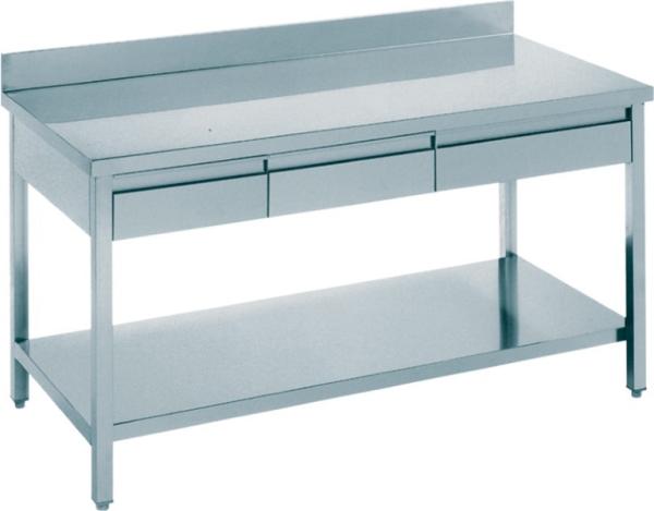 Gastro Arbeitstisch Edelstahl mit 3 Schubladen und Aufkantung B 1800 x T 700 x H 850 mm