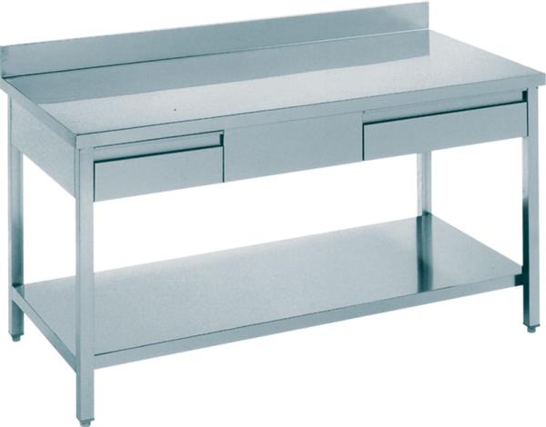 Gastro Arbeitstisch Edelstahl mit 2 Schubladen und Aufkantung B 1600 x T 700 x H 850 mm